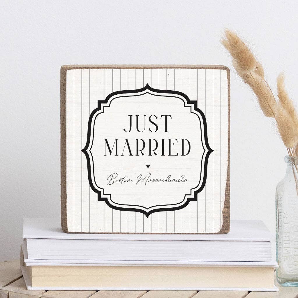 Personalized Just Married Location Wood Block
