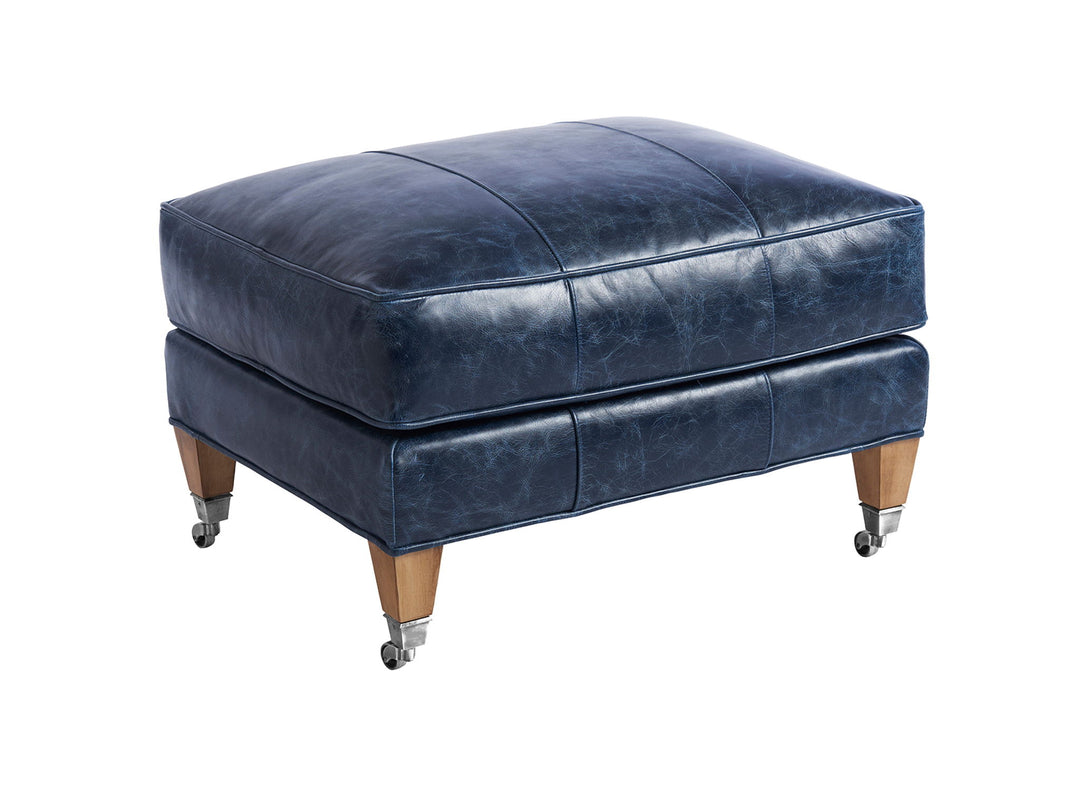 Barclay Butera Upholstery - Sydney Leather Ottoman With Pewter Casters - Blue