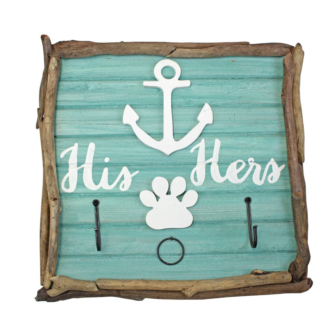 SALE 13.5 Wood Turquoise. Anchor His/Hers Hook Plaque