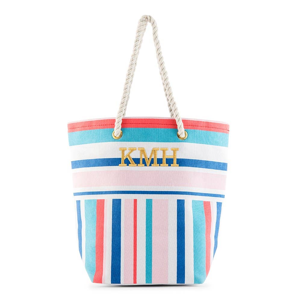 Cotton Canvas Beach Tote Bag- Bright Stripes