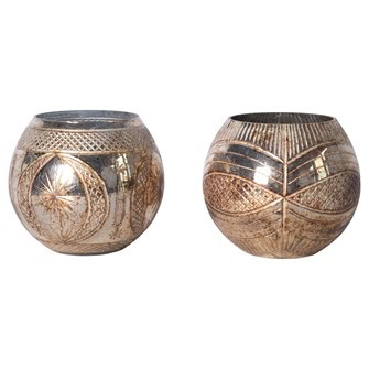 4-1/2" Round x 5-1/2"H Etched Mercury Glass Votive Holder, Antique Gold Finish, 2 Styles