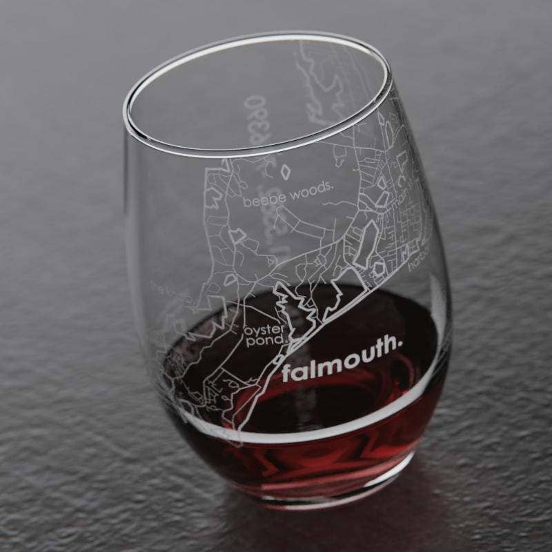 Falmouth MA Map Stemless Wine Glass