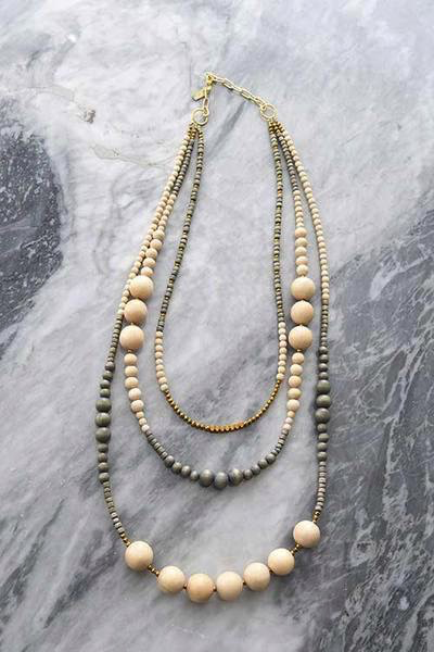 WOOD YOU - NATURAL & GREY 3 STRAND WOOD NECKLACE