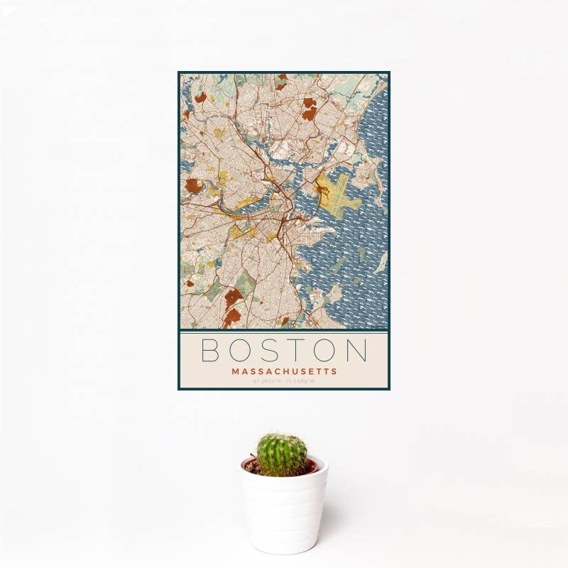 Boston MA Map Print Woodblock