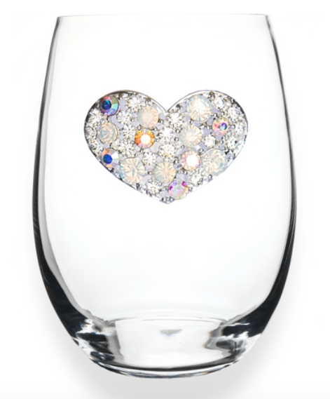 MULTI STONED HEART JEWELED STEMLESS WINE GLASS