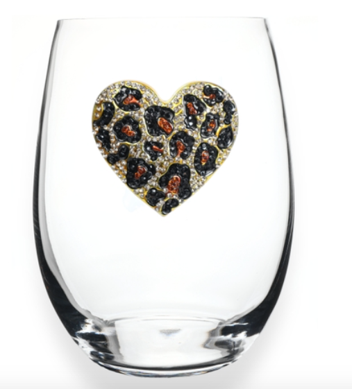 LEOPARD HEART JEWELED STEMLESS WINE GLASS
