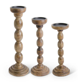 BROWN WOOD SPINDLE CANDLE HOLDER - MED