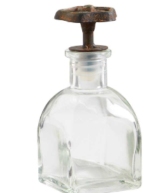 TALL SQUARE GLASS BOTTLE W/ METAL WATER FAUCET KNOB LID - 5.5”