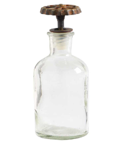 ROUND GLASS BOTTLE W/ METAL WATER FAUCET KNOB LID - 6.5”