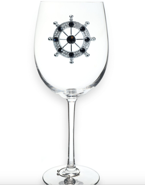 SHIPS WHEEL JEWELED WINE GLASS