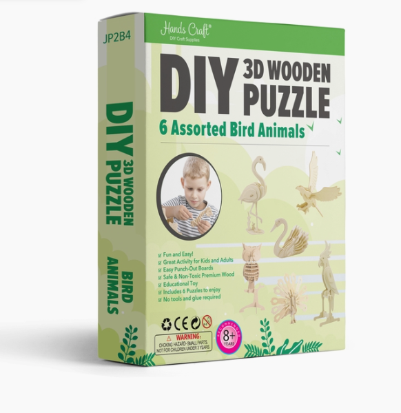 WOODEN PUZZLE BIRD ANIMALS-6CT