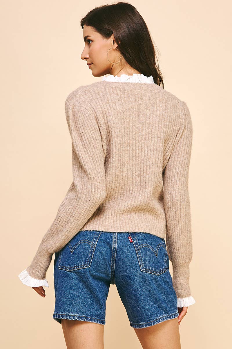 KNIT WOVEN COMBI SWEATER TOP - OATMEAL: L