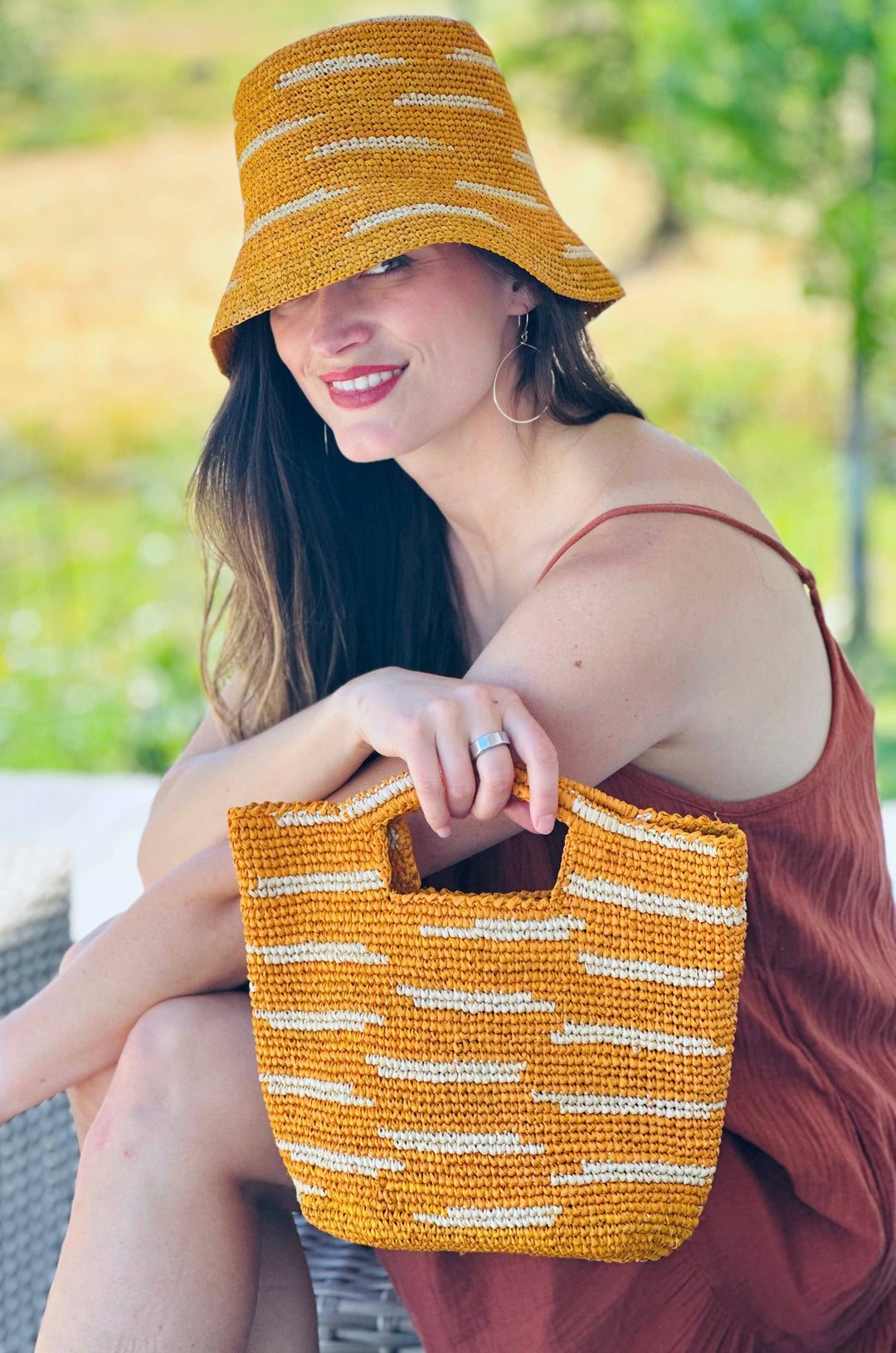 Mini ConCon Crochet Petite Straw Basket: Saffron Two Tone Zebra Stripe