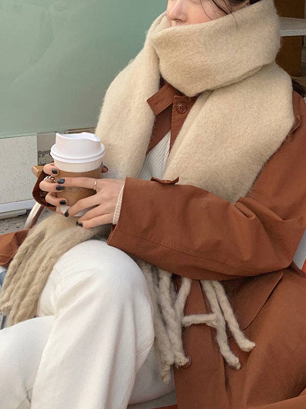 Thick Keep Warm Solid Color Tasseled Scarf: CAMEL / One_size