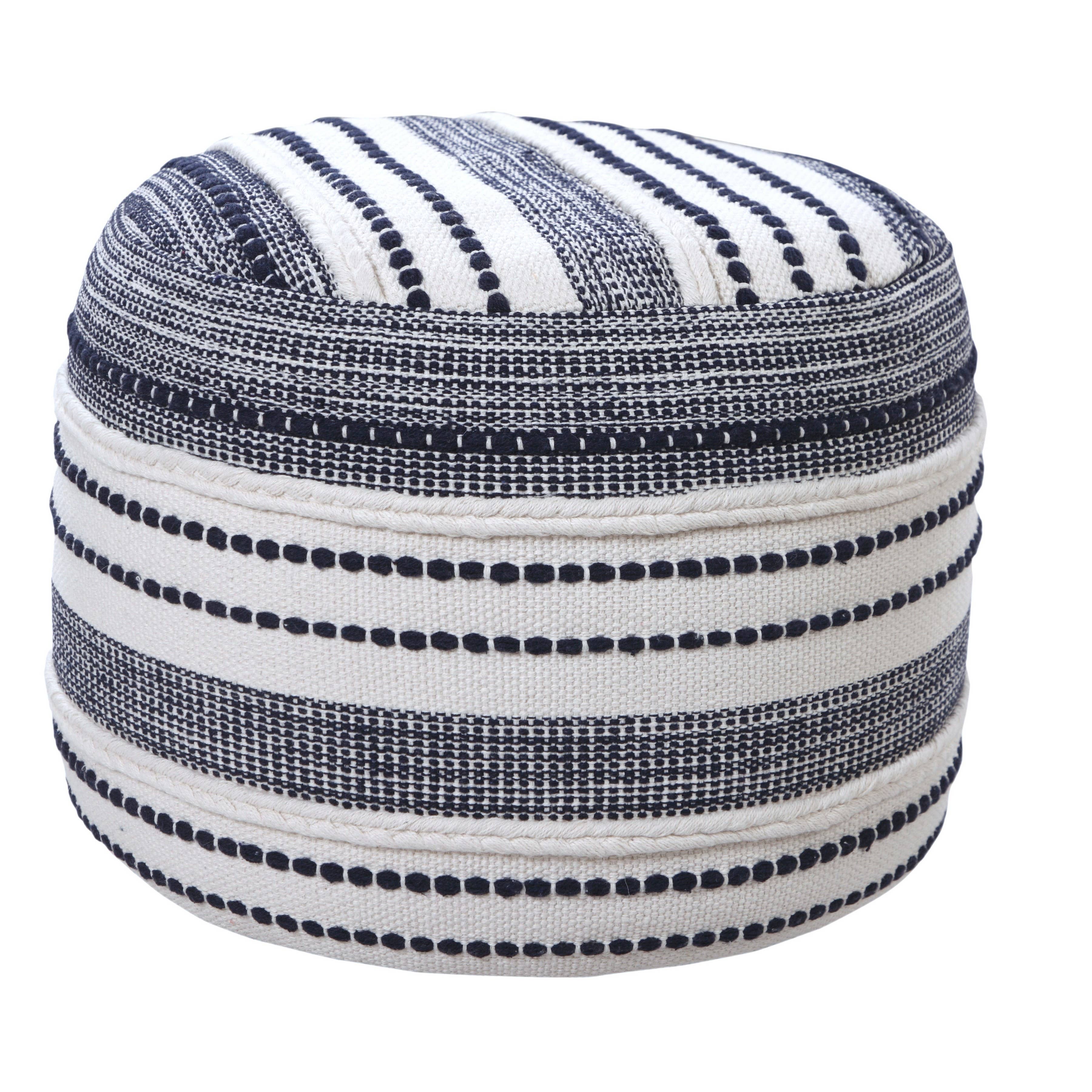 Navy and Ivory Seaside Striped Textured Pouf Ottoman: Blue/White