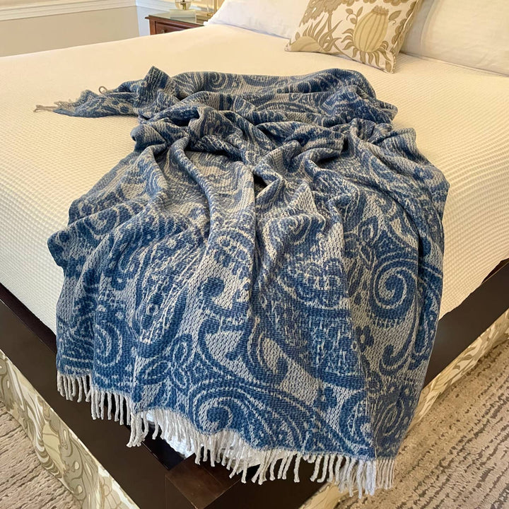 323 - Paisley Pattern Plush Throw with Grey Fringe - 55" x 7: Navy