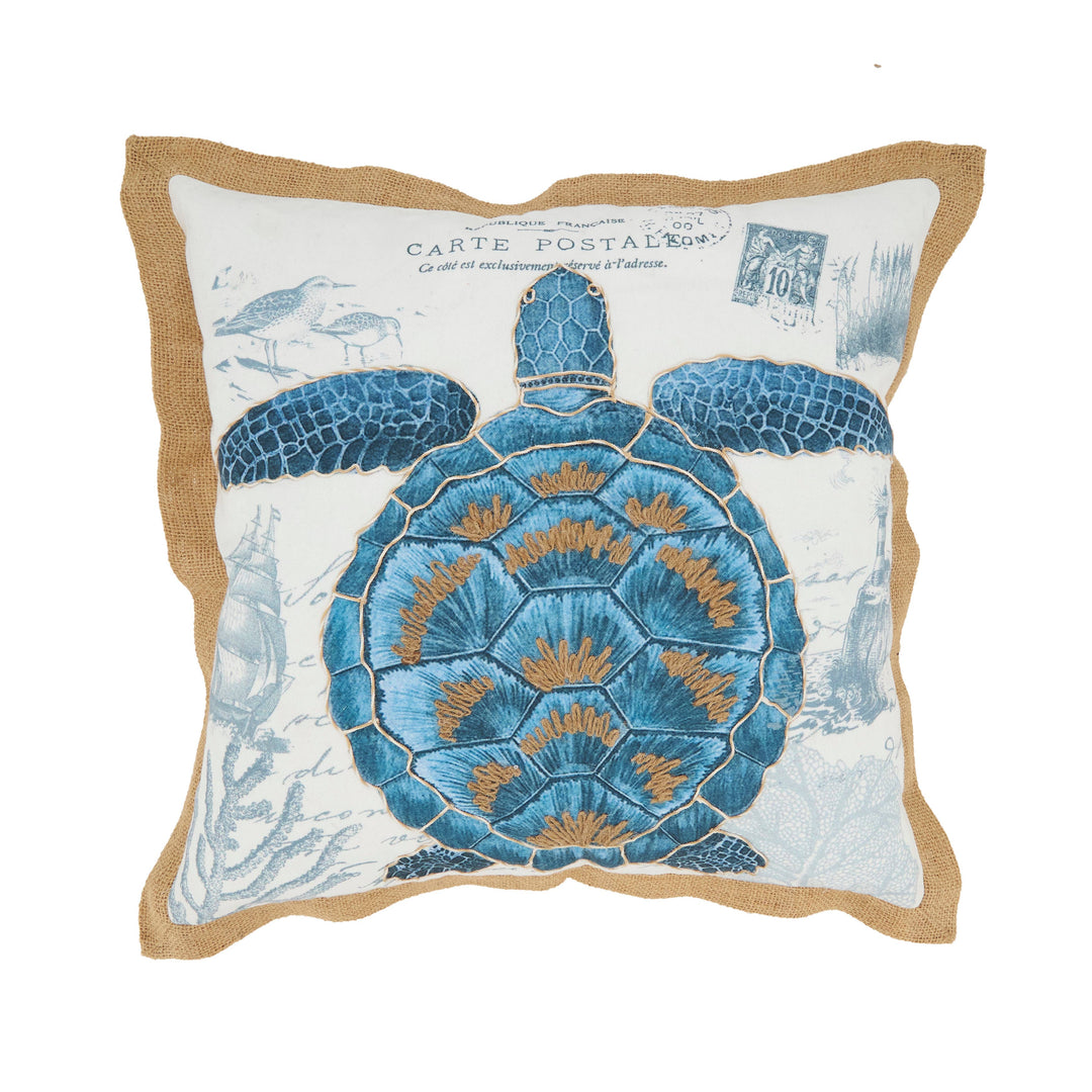 Coastal Outdoor Turtle Pillow: Navy Blue / Poly Filled / 18"