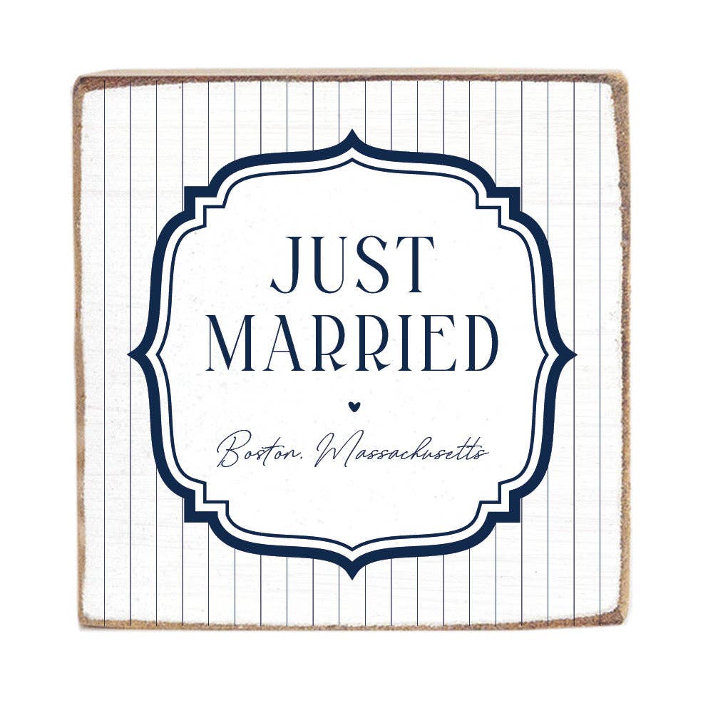 Just Married White/Navy Personalized Block Sign