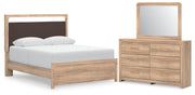 Kinlanni - 3 Pc. - Queen Upholstered Panel Bed With Roll Slats, Dresser And Mirror - Tan