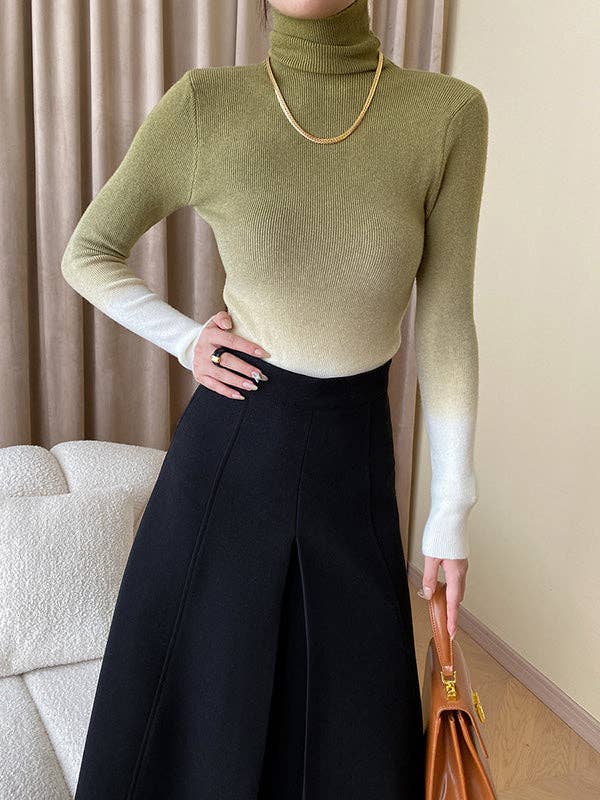 Long Sleeves Skinny Gradient High-Neck Pullovers Sweater Tops: CAMEL / One_size