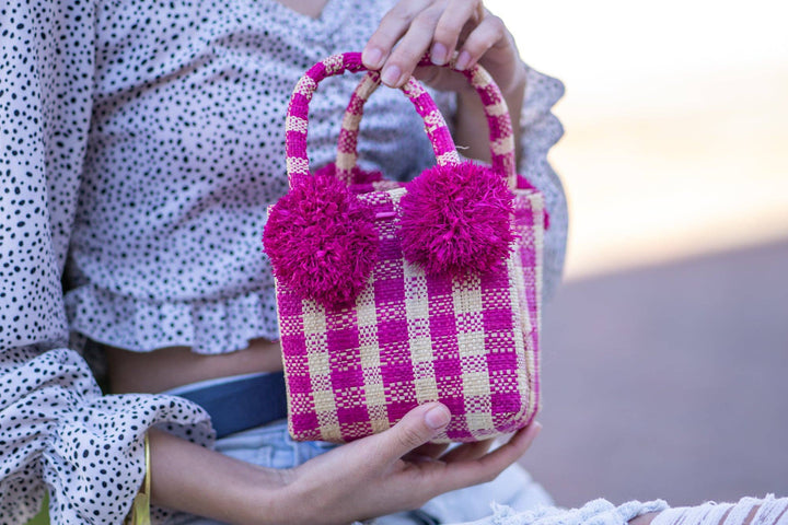 Schooner Straw Mini Bag with Pompom Accent: Black Two Tone Stripe