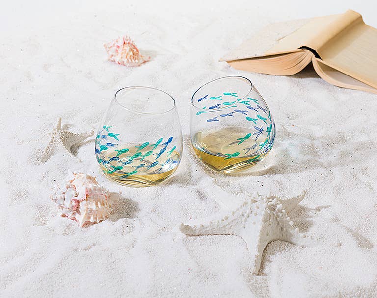 Blue & Green Etched Fish Wine Glass: Stemless Goblet (21oz)