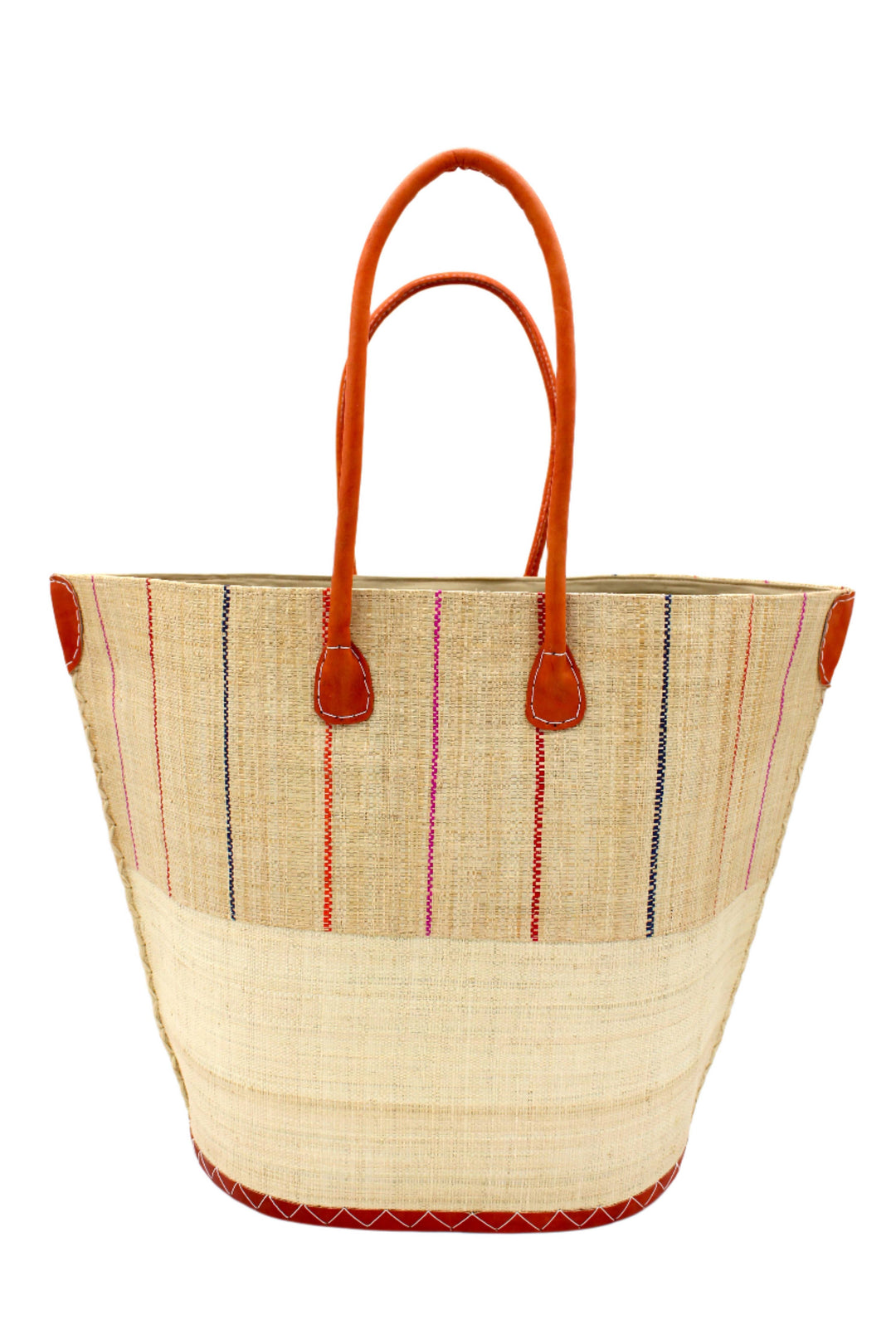 Santa Cruz Two Tone Pinstripes Large Straw Tote Bag: Coral