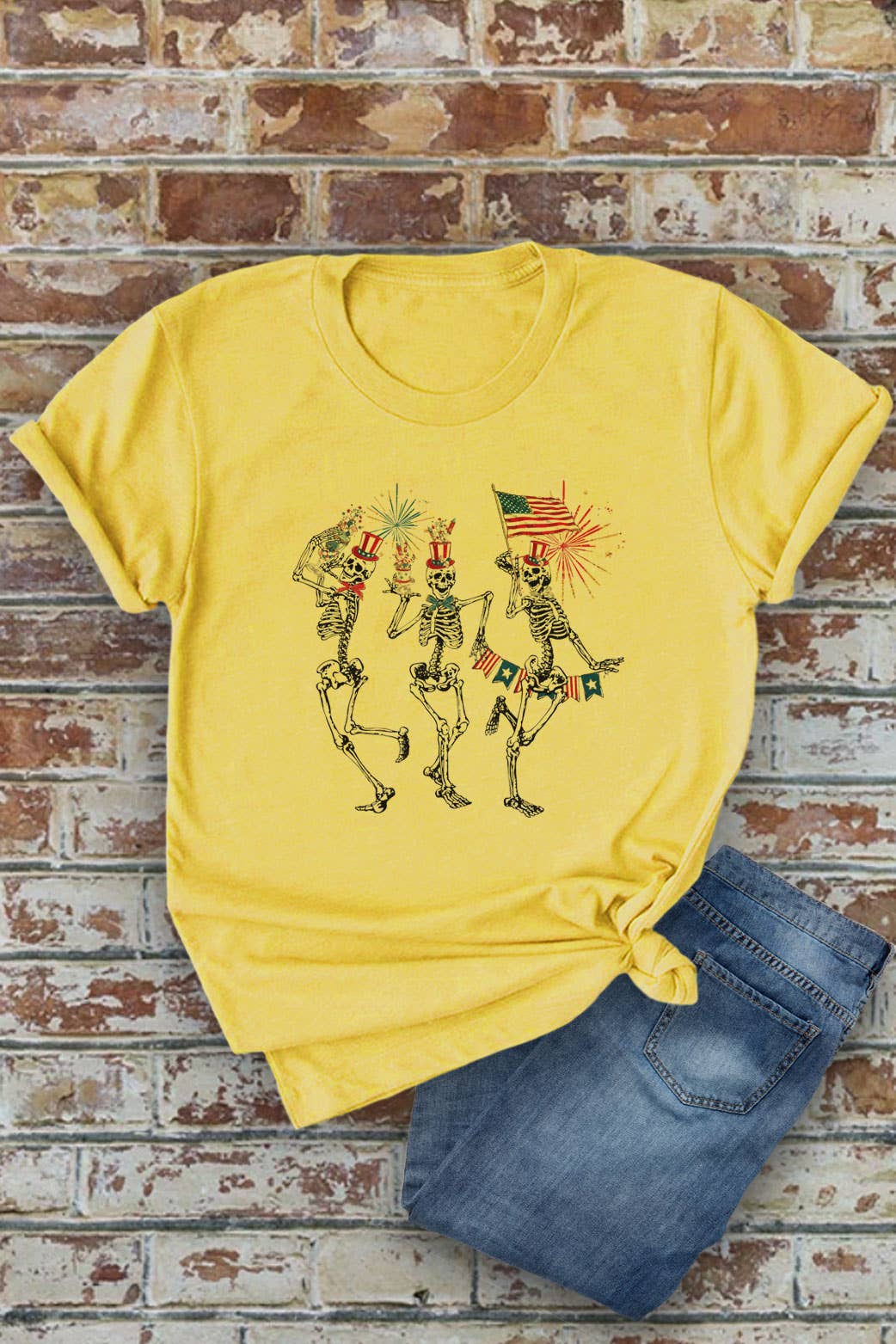 Fourth of July Skellies, 4th of July, Unisex Round Neck T-Shirt: S / White