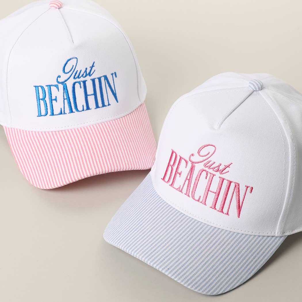 JUST BEACHIN' Embroidered Stripe Brim Trucker Hat