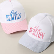 JUST BEACHIN' Embroidered Stripe Brim Trucker Hat