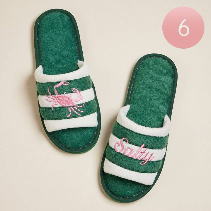 6Pairs Crab Salty Embroidered Striped Indoor Floor Slippers: Pink
