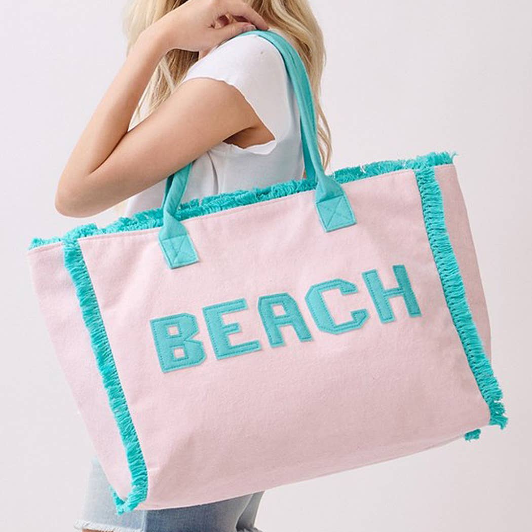 Embroidered Beach Letter Terry Cloth Frayed Tote Bag