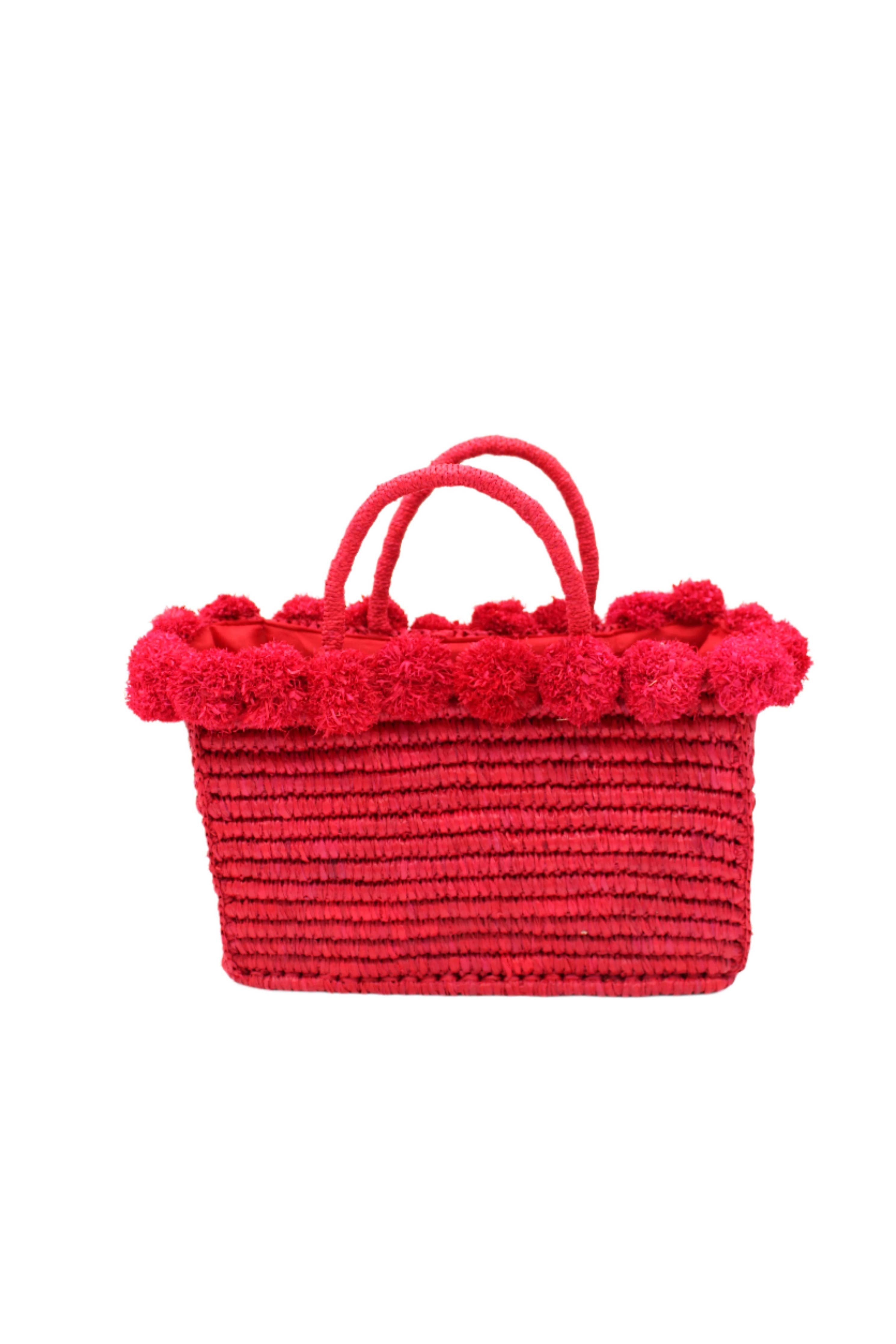 Rico Crochet Rectangle Straw Basket Handbag PomPom Trim Edge: Natural