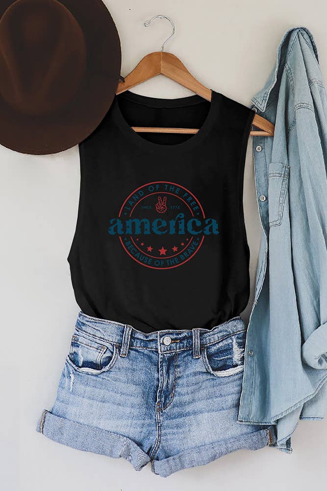 America Letter Print Graphic Tank Top STC125C195: White / XL