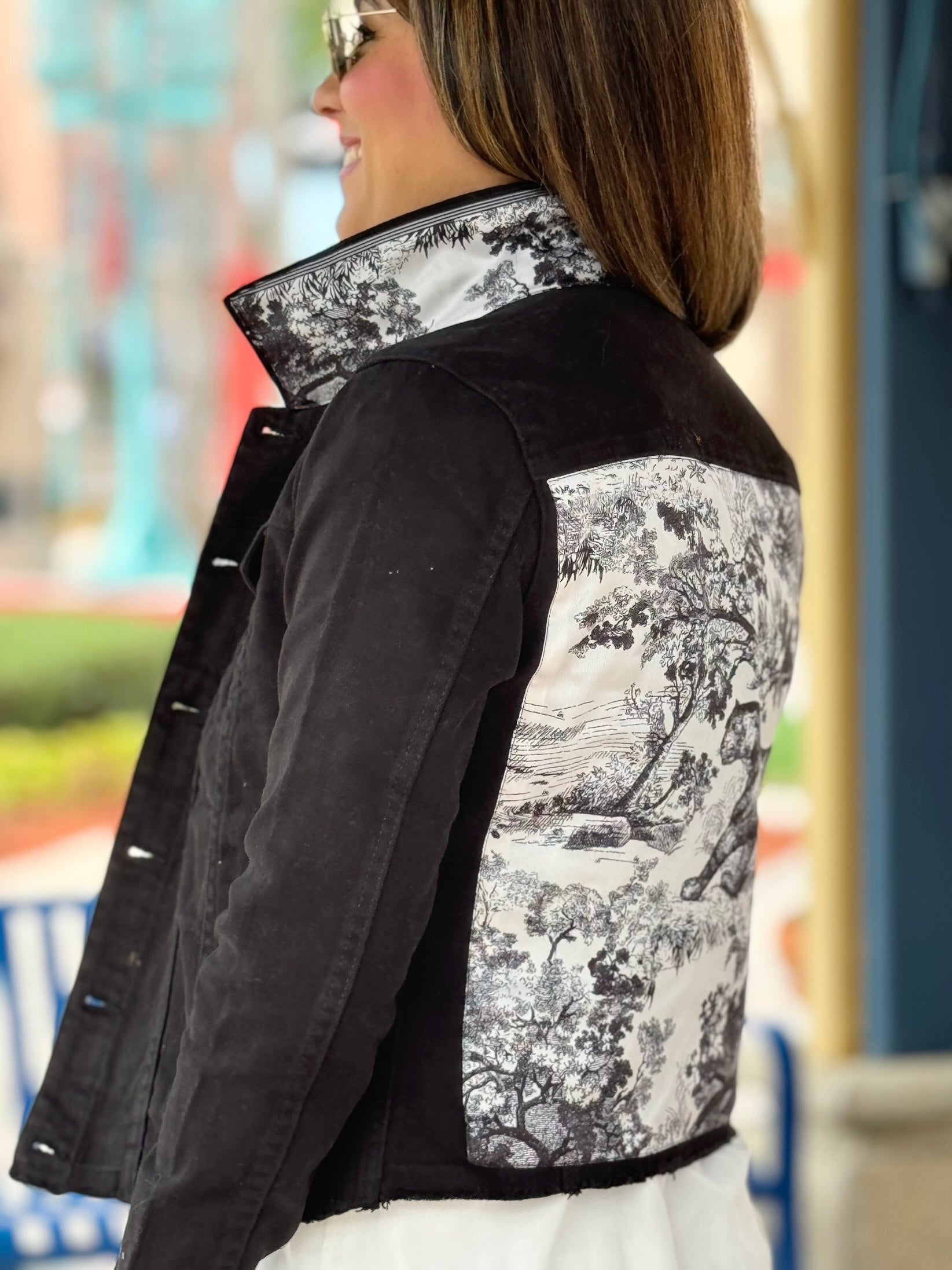 The Black Denim Jacket / Black & White Toile
