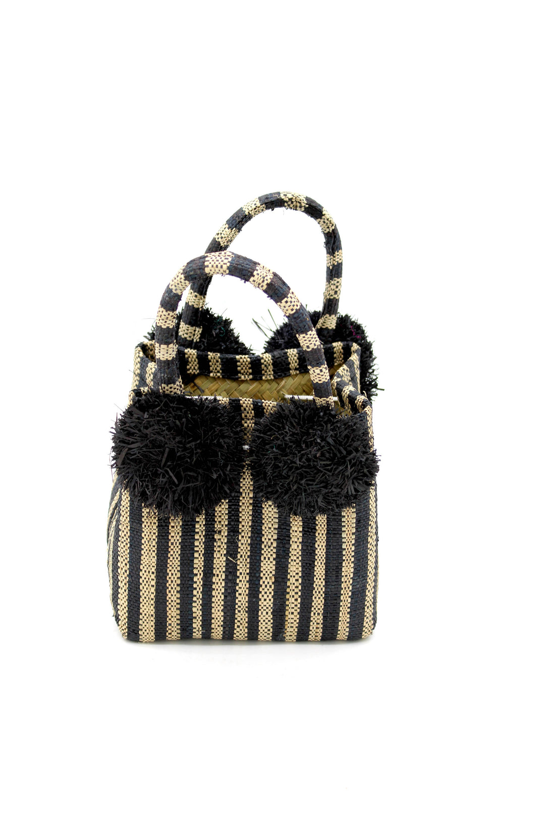 Schooner Straw Mini Bag with Pompom Accent: Black Two Tone Stripe