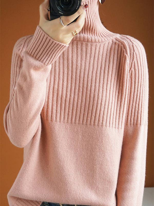 Casual Long Sleeves Loose Solid Color High-Neck Sweater Tops: GRAY / M