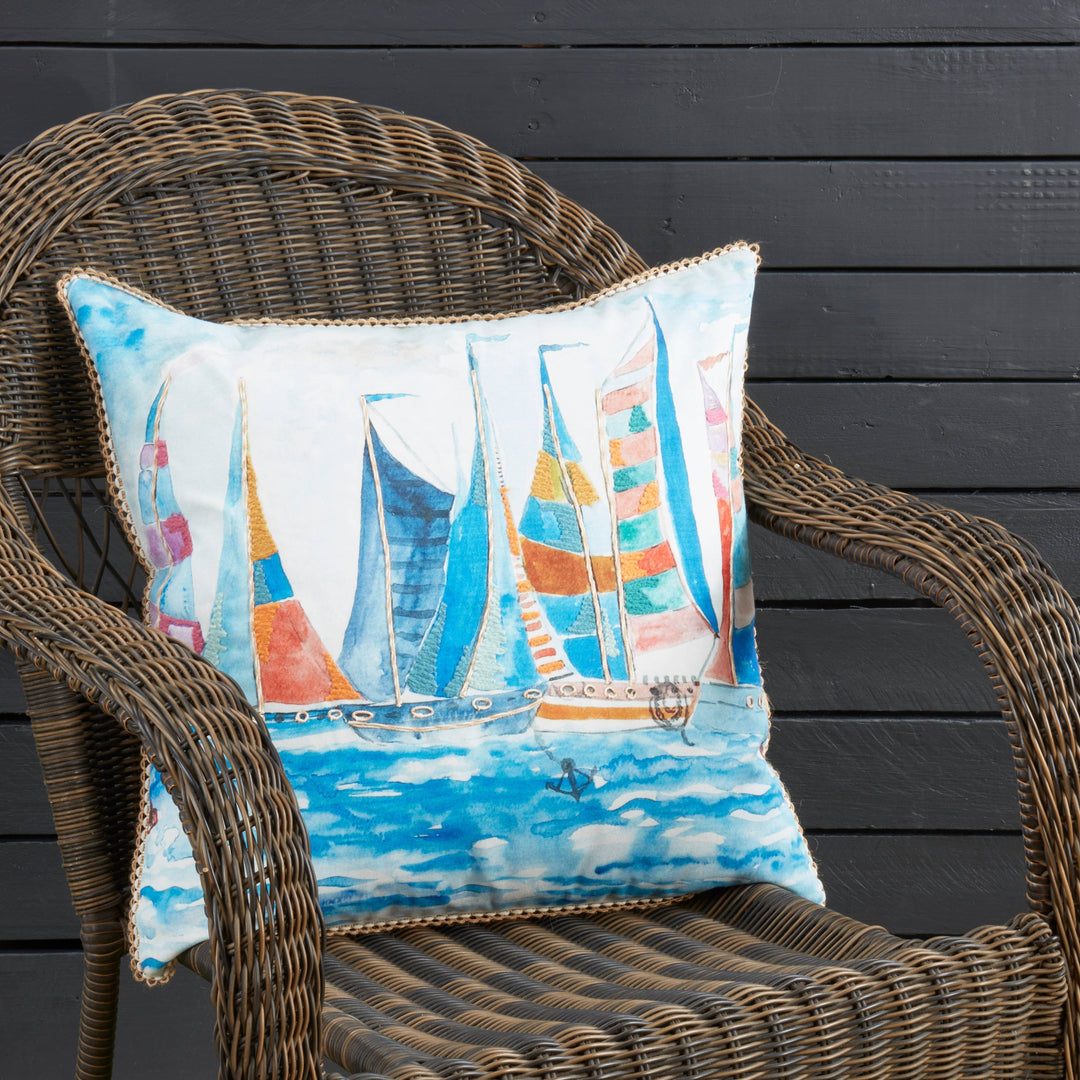 Charming Outdoor Sail Boats Pillow: Multi / Poly Filled / 20"