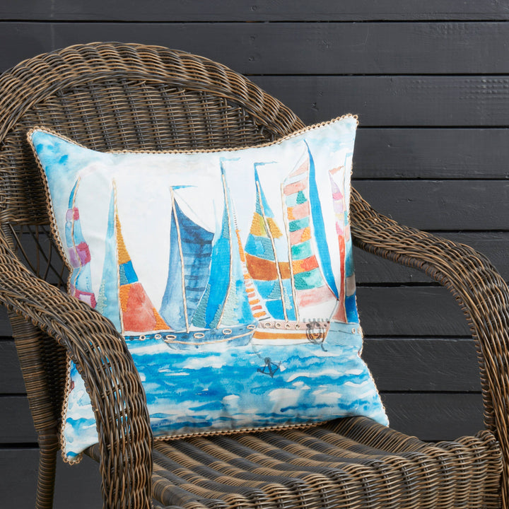 Charming Outdoor Sail Boats Pillow: Multi / Poly Filled / 20"