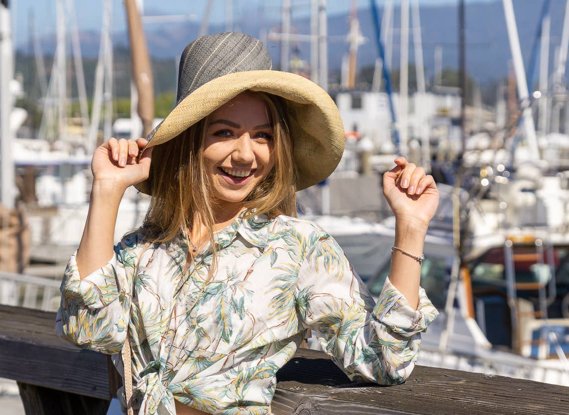 Monica 5" & 7" Wide Brim Two Tone Packable Straw Sun Hats: Denim Two Tone / 7" Brim