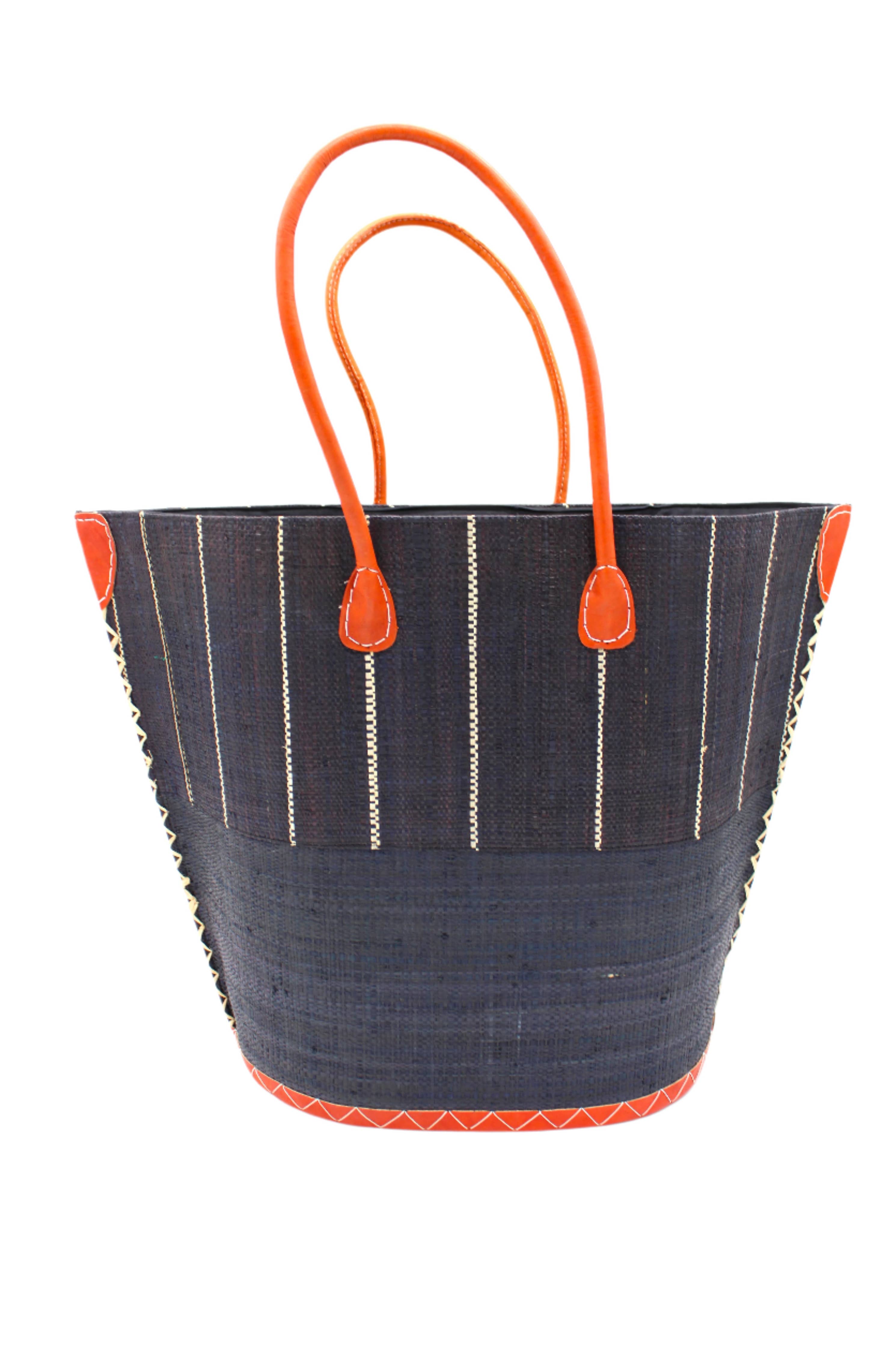 Santa Cruz Two Tone Pinstripes Large Straw Tote Bag: Black