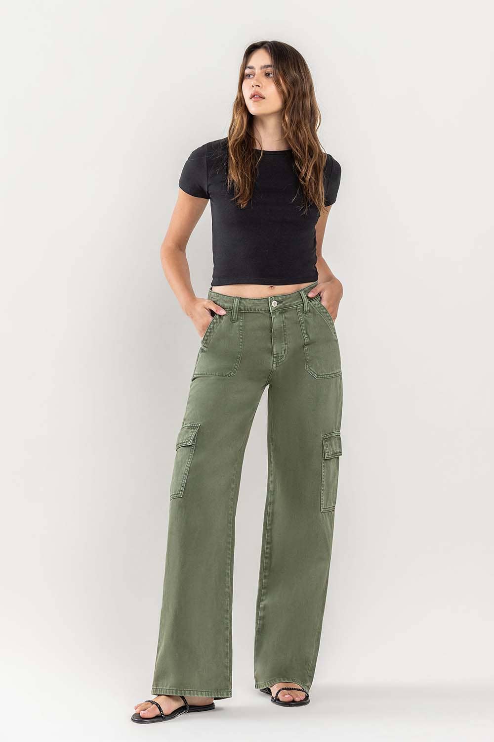 HIGH RISE UTILITY CARGO WIDE JEANS T5823TY: THYME / 29