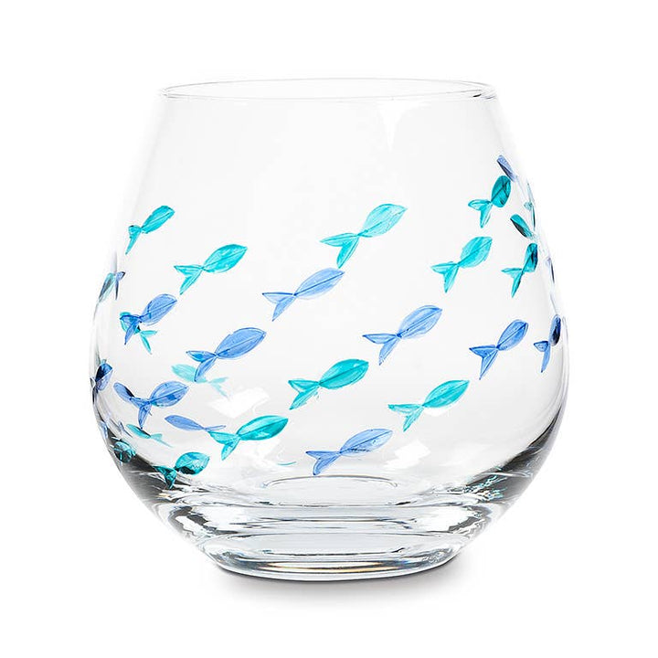 Blue & Green Etched Fish Wine Glass: Stemless Goblet (21oz)
