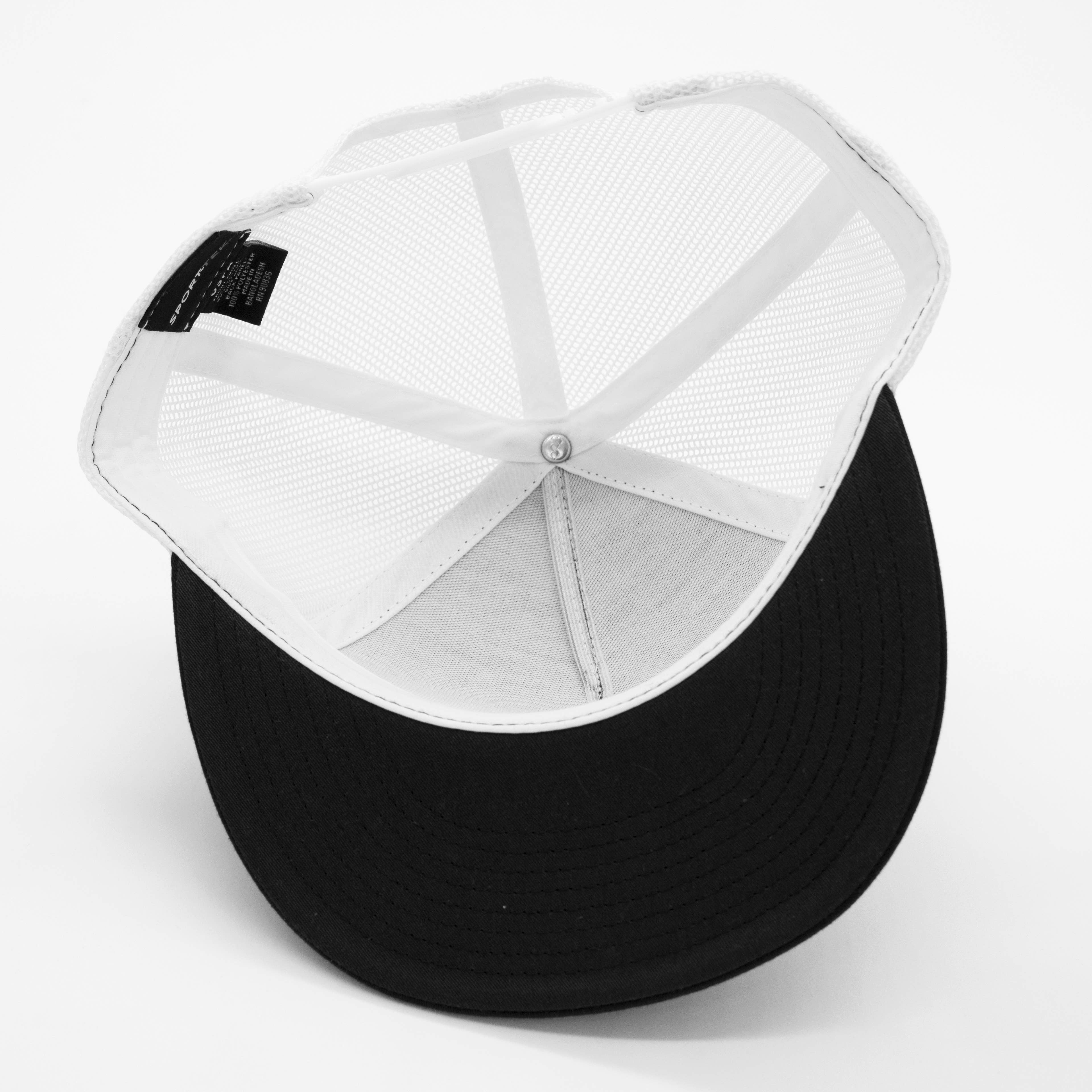 CUSTOM TEXT Raised Print Snapback Trucker Hats: All Black / White