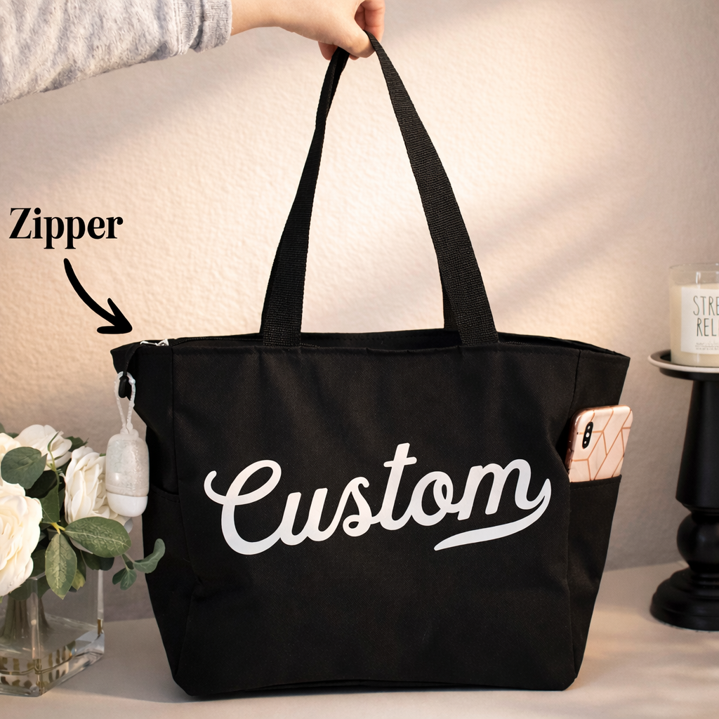 CUSTOM Small Business Tote Bag with Zipper and Side Pockets: Black