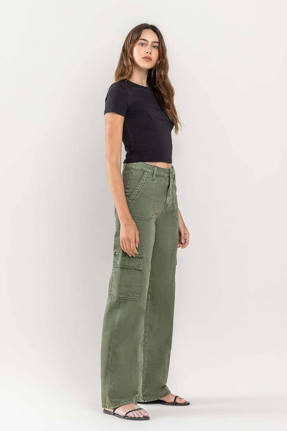HIGH RISE UTILITY CARGO WIDE JEANS T5823TY: THYME / 29