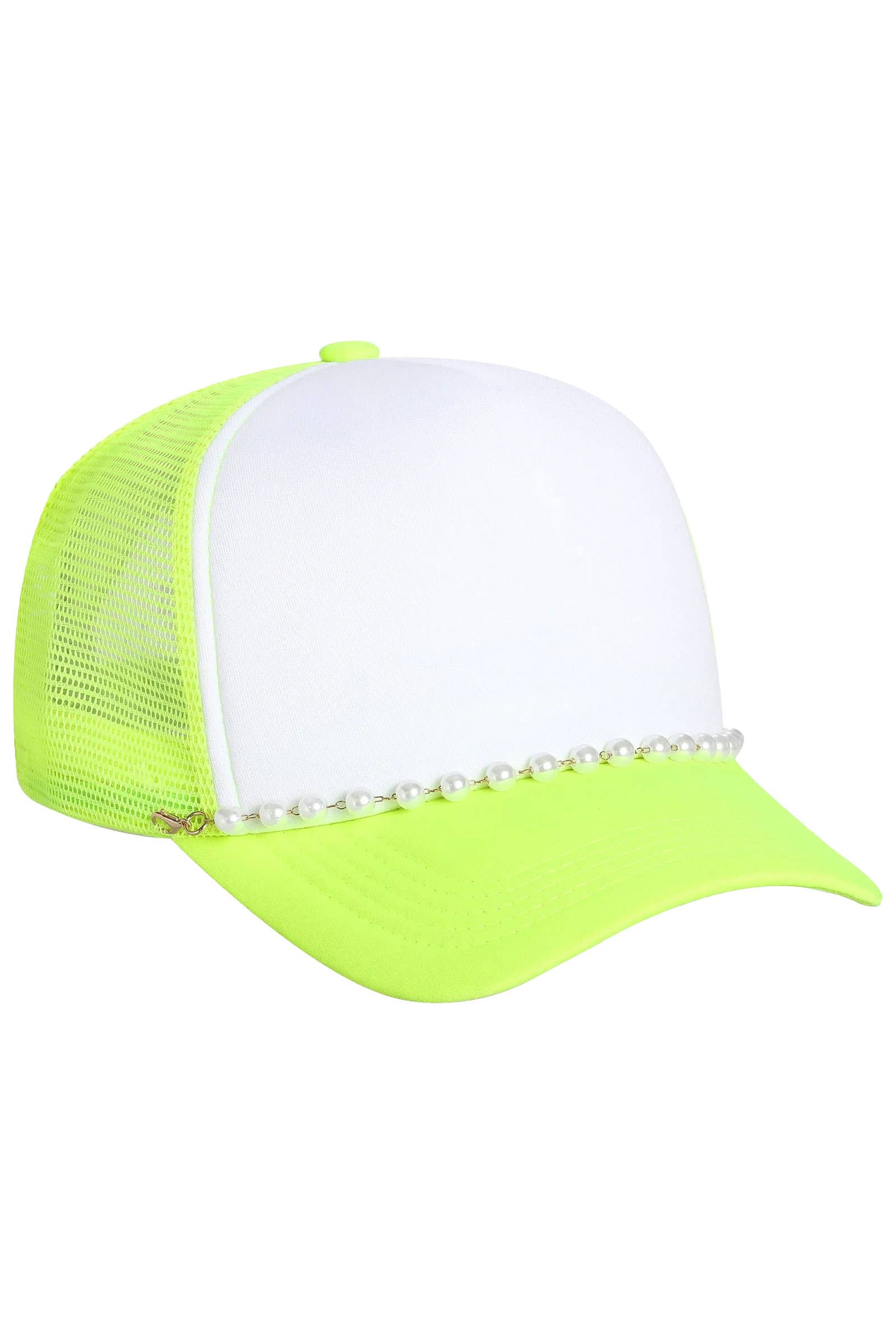Faux Pearl Chain Foam Mesh Trucker Hat: WHITE/HOT PINK / ONE SIZE
