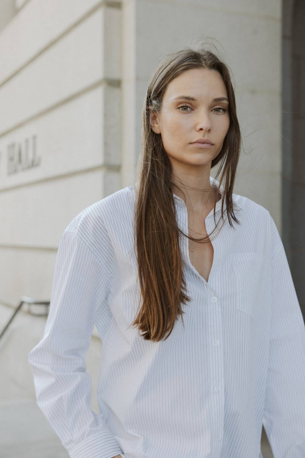 The Annalise Top | Pinstripe Button-Down Top: BLUE/WHITE / LARGE