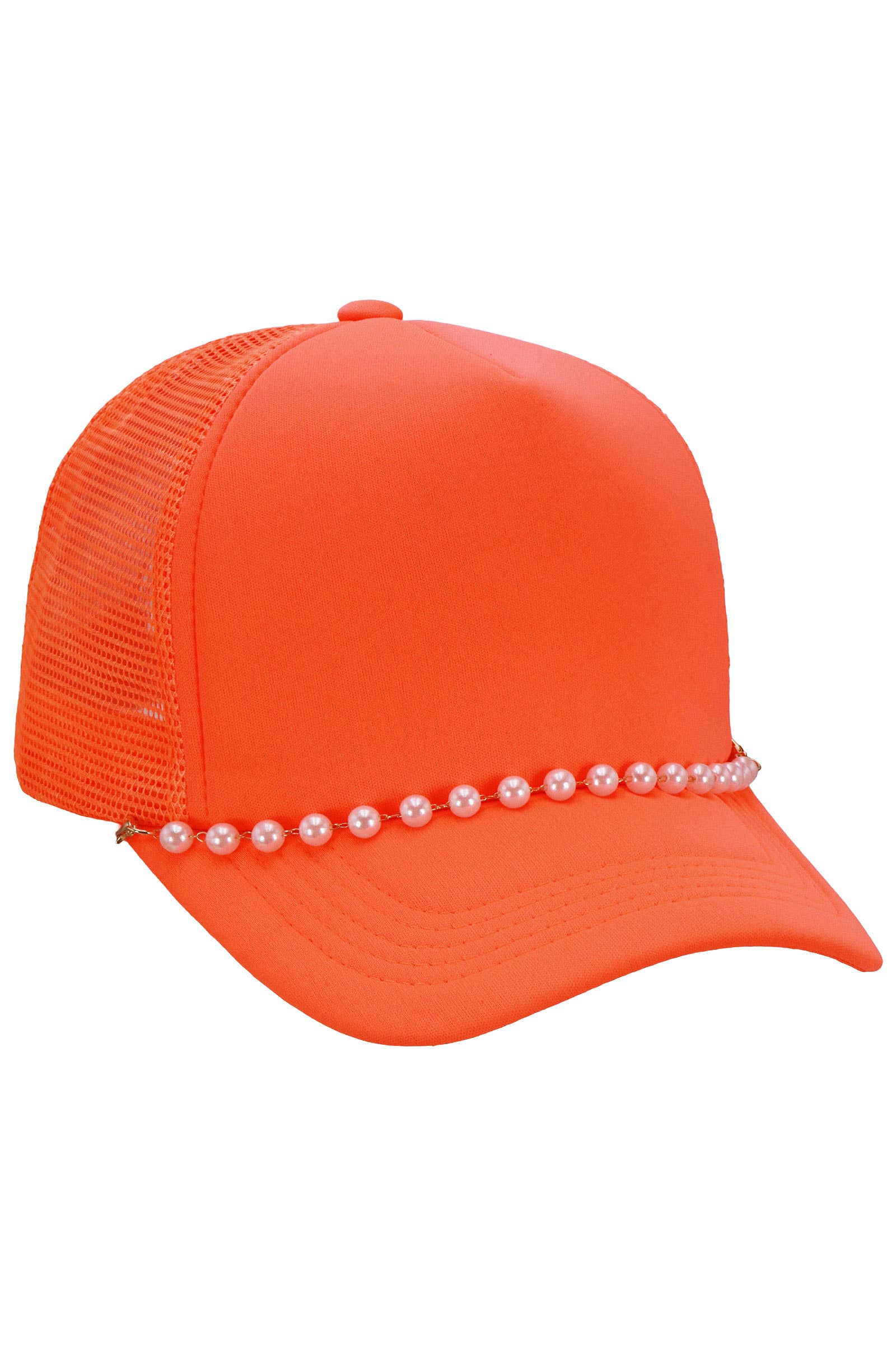Faux Pearl Chain Foam Mesh Trucker Hat: WHITE/HOT PINK / ONE SIZE