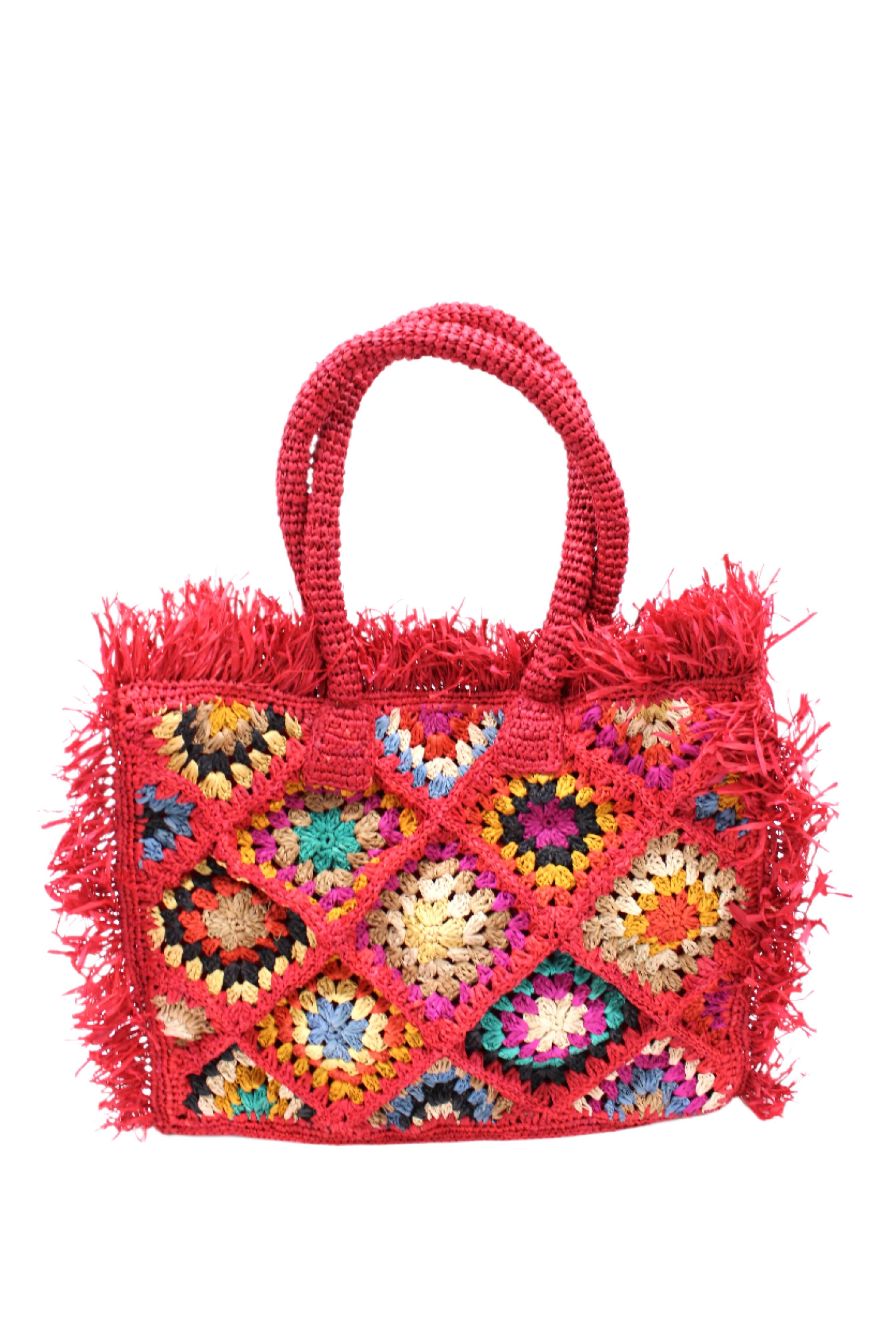 Leo Crochet Granny Square Pattern Fringed Straw Shoulder Bag: Cappuccino & Natural